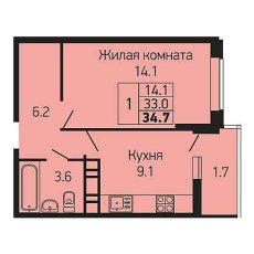 ЖК Абрикосово 1 комнатная 34.7м2