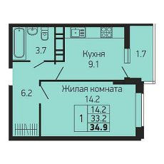 ЖК Абрикосово 1 комнатная 34.9м2