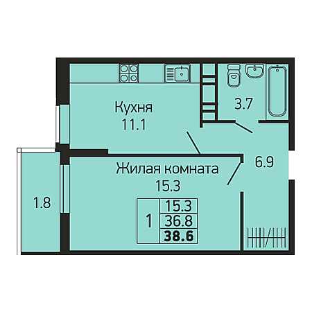ЖК Абрикосово 1 комнатная 38.6м2