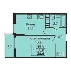 ЖК Абрикосово 1 комнатная 38.6м2