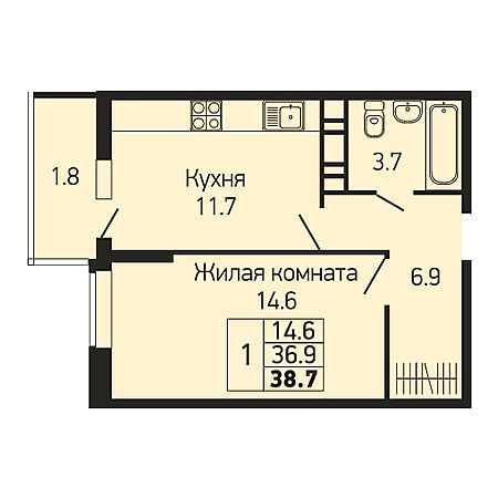 ЖК Абрикосово 1 комнатная 38.7м2