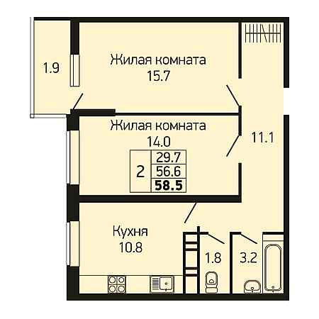 ЖК Абрикосово 2 комнатная 58.5м2