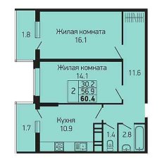 ЖК Абрикосово 2 комнатная 60.4м2