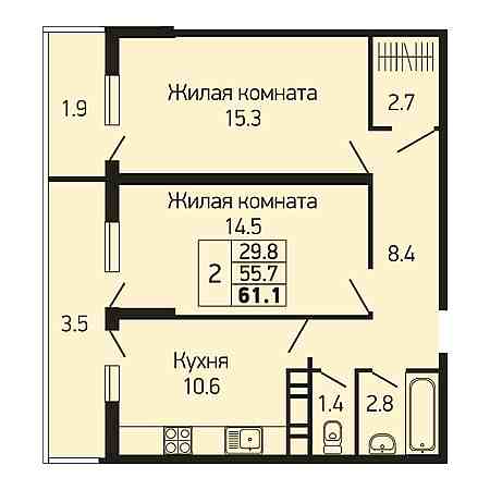 ЖК Абрикосово 2 комнатная 61.1м2