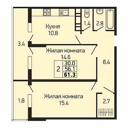 ЖК Абрикосово 2 комнатная 61.3м2