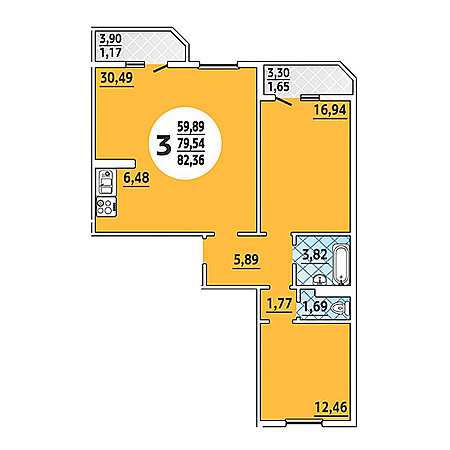 ЖК Восточно-Кругликовский (ВКБ) 3 комнатная 82.36м2