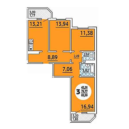 ЖК Восточно-Кругликовский (ВКБ) 3 комнатная 82.59м2