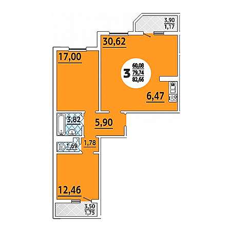 ЖК Восточно-Кругликовский (ВКБ) 3 комнатная 82.66м2