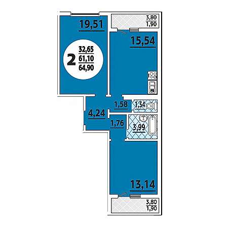 ЖК Восточно-Кругликовский (ВКБ) 2 комнатная 64.90м2