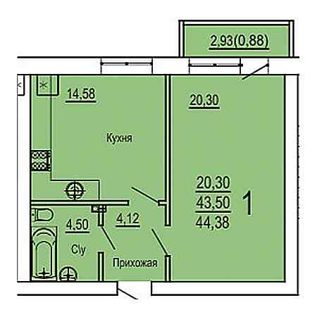 ЖК Россинский 1 комнатная 44.38м2