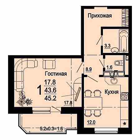 ЖК Янтарный-4 1 комнатная 45.20м2