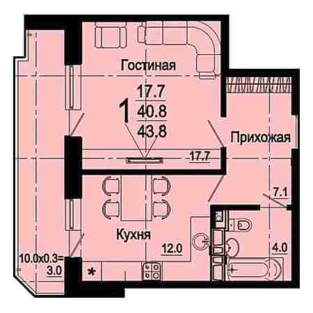 ЖК Янтарный-4 1 комнатная 43.80м2