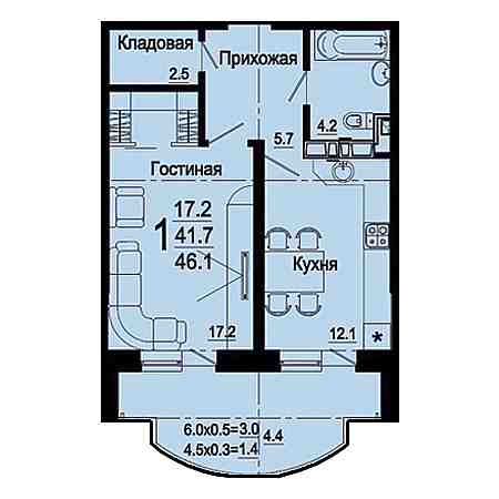 ЖК Янтарный-4 1 комнатная 46.10м2