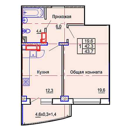 ЖК Янтарный-4 1 комнатная 43.70м2
