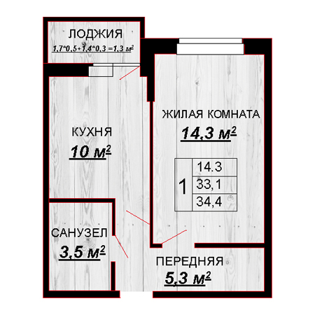 ЖК Акварели 2 1 комнатная 34.40м2