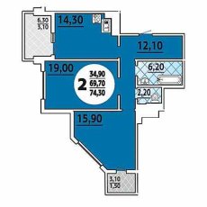 ЖК Береговая 2 2 комнатная 74.30м2