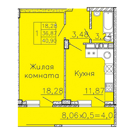 ЖК Авиатор 1 комнатная 40.90