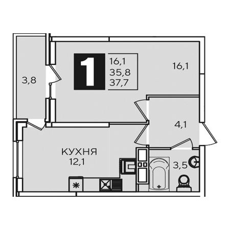 ЖК Самолет-2 1 комнатная 37.7м2