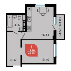 ЖК Красная Площадь(Ромекс) 1 комнатная 43.55м2