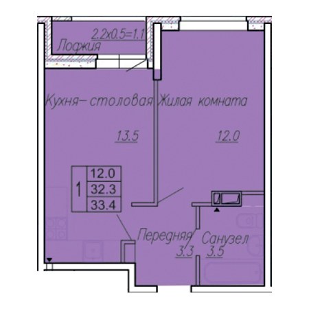 ЖК Акварели 3 1 комнатная 33.4м2