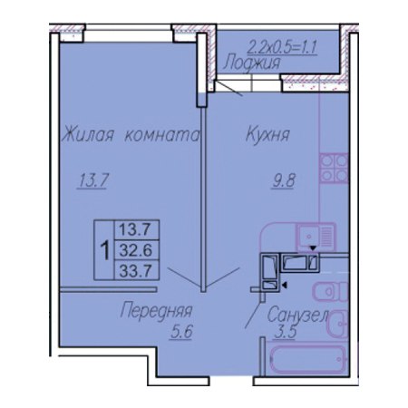 ЖК Акварели 3 1 комнатная 33.7м2