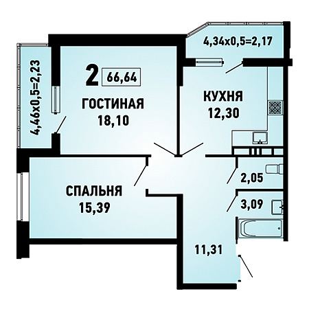 ЖК Губернский 2 комнатная 66.64м2