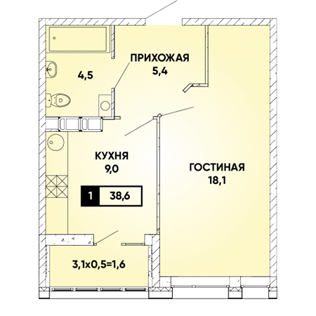 ЖК Архитектор-1 комнатная-38.6
