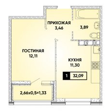ЖК Архитектор 1 комнатная 32.09м2